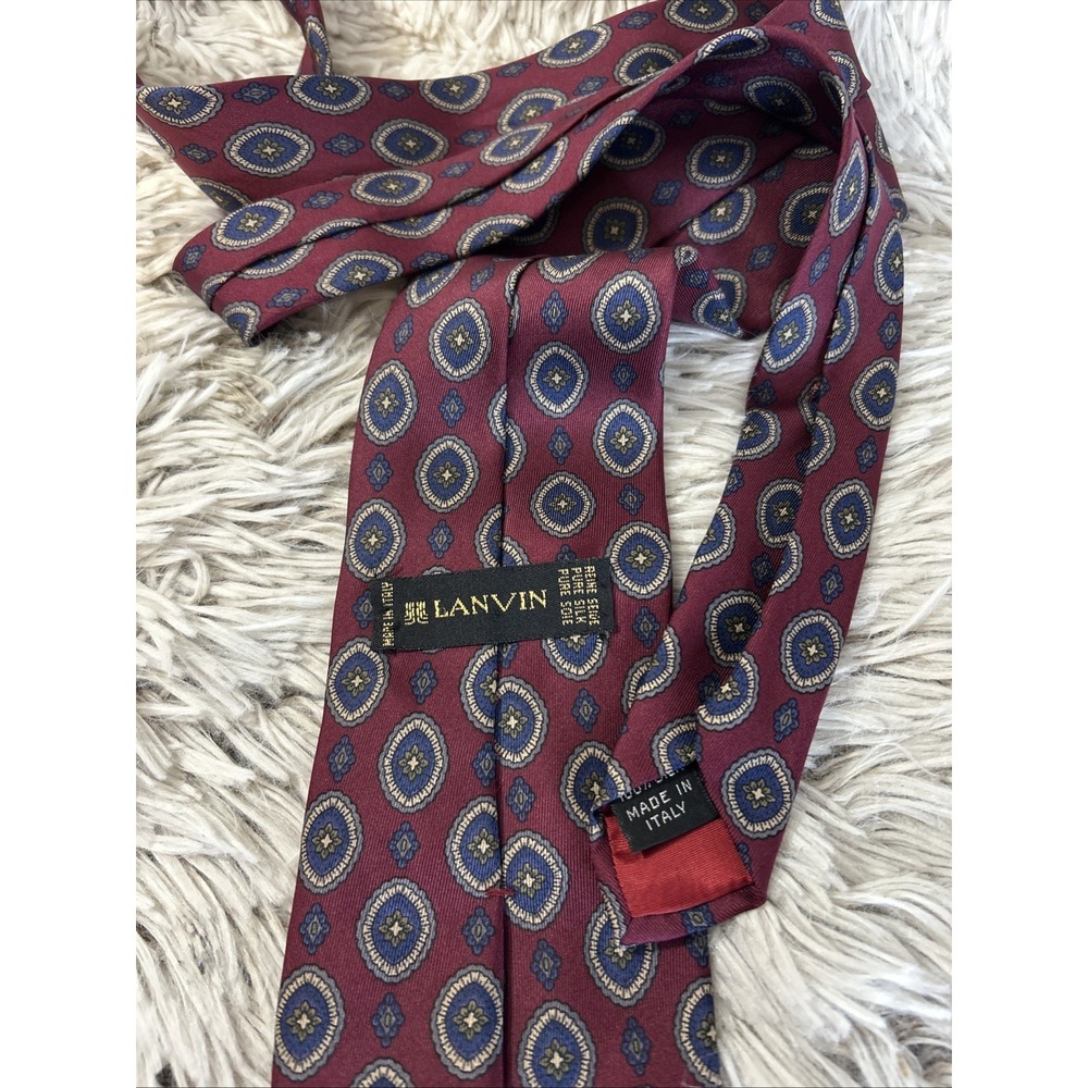 Lanvin‎ Geometric 100% Silk Neck Tie Classic Italy Burgundy Designer Luxury